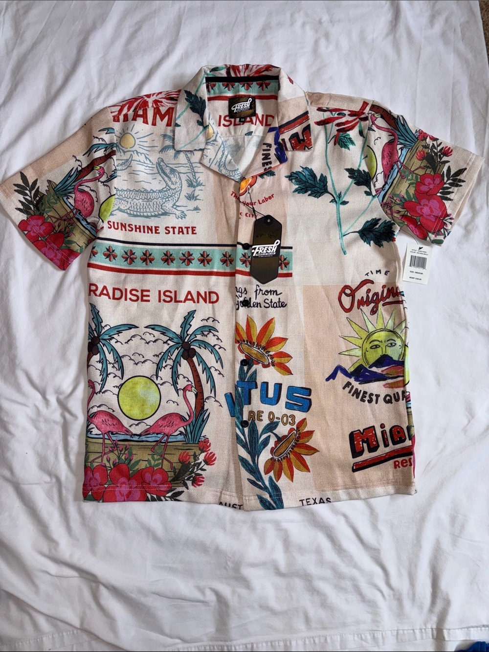 Fresh Produce Beige Tropical Graphic Short-Sleeve Button-Down Shirt